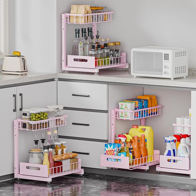 L-Shaped Under Sink Organizer, 2 Pack 2-Tier Pull Out Metal Kitchen Cabinet - Image 3
