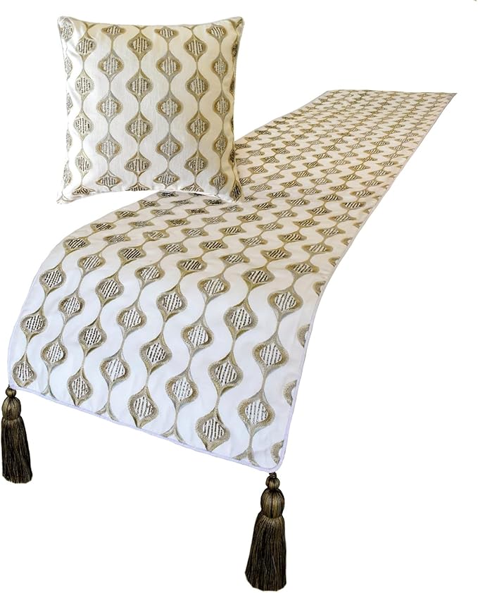 The HomeCentric King/Queen/Twin Beige Decorative Bed Runner Full 68"x18" Bed Runner with One Pillow Cover, Embroidery, Geometric, Beaded Hand Embroidery Bed Scarf on Linen Fabric - Mahsa