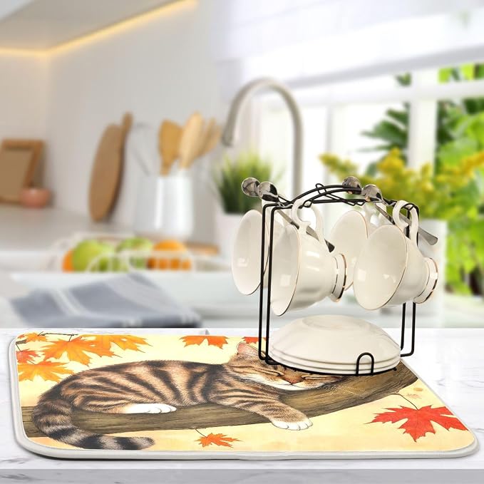 Fall Cats Dish Drying Mat for Kitchen Countertop 18x24 Autumn Maple Leaves - Image 5