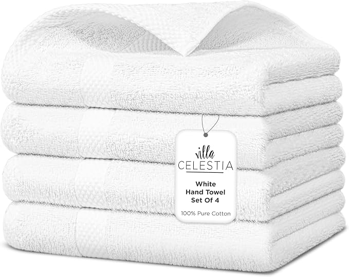 100% Cotton Hand Towel Set of 4, Sustainable, Highly Absorbent, Quick Drying by VillaCelestia