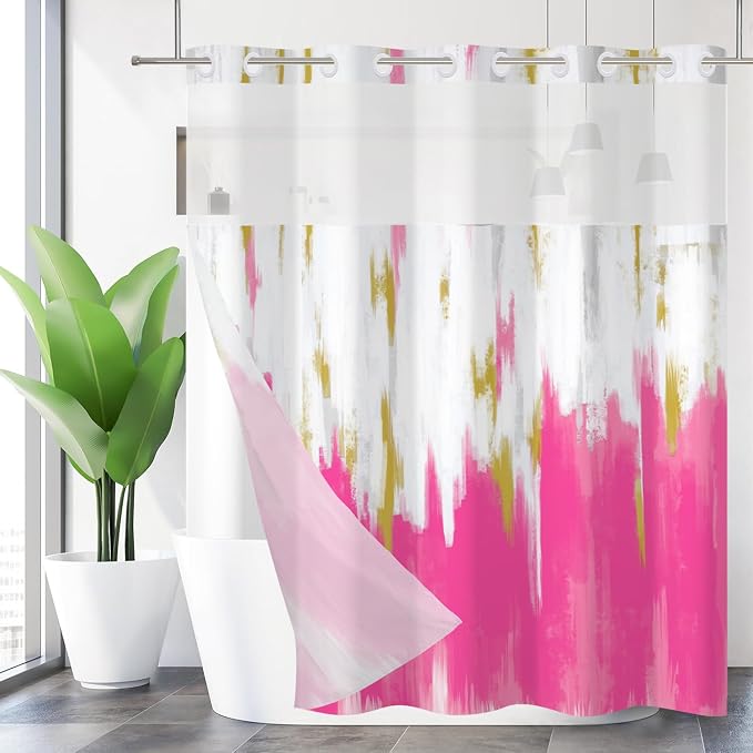 No Hook Shower Curtain with Snap in Liner, Hotel Style Hot Pink White Gold by Caheansi