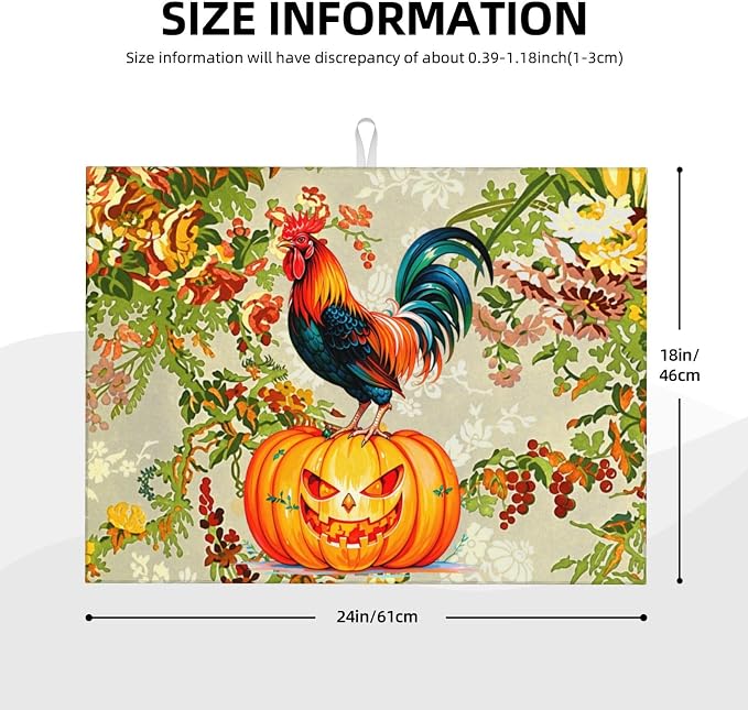 Rooster Pumpkin Dish Drying Mat Highly Absorbent Double-Sided Microfiber - Image 2