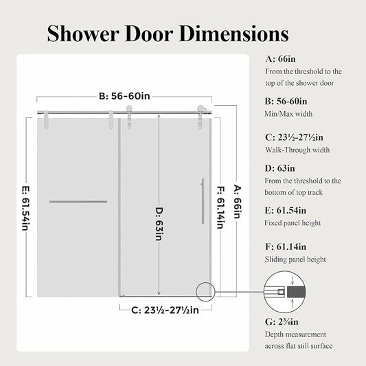 56-60" W x 66" H Frameless Bathtub Shower Door, Bathroom Single Sliding Tub - Image 2
