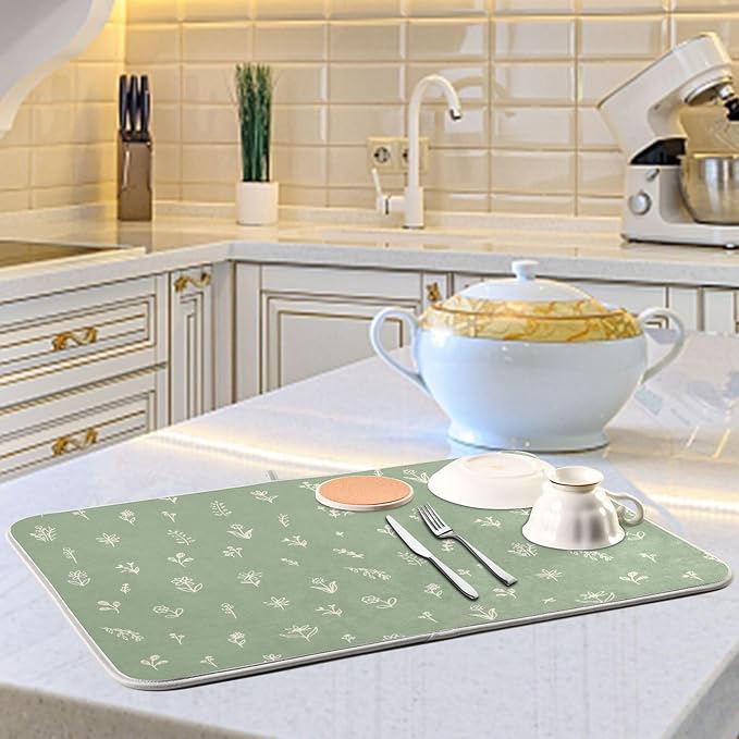 Sage Green Dish Drying Mat Quick Absorbent 16x18 Doodled Botany Flowers Leaves - Image 6