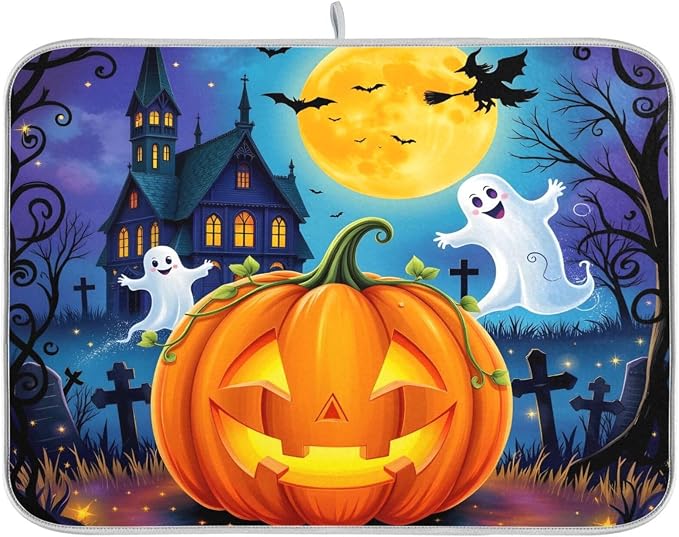 Halloween Pumpkin Ghost Witch Dish Drying Mat by BOENLE-WELCOMEYOURCOMING