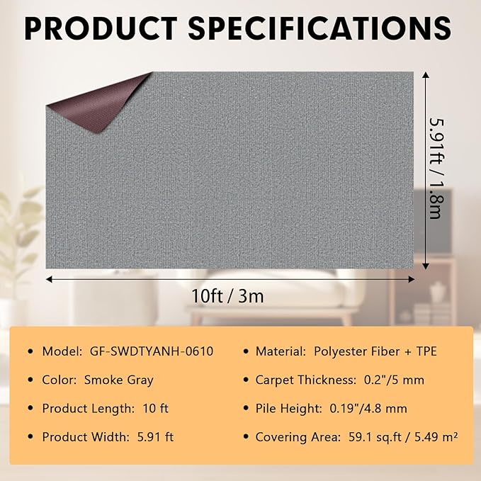 Marine Carpet,6 FT x 10 FT Smoke Gray Indoor Outdoor Carpet 0.2" Thick Boat Carpet with Water-Proof TPE Backing, Non-Slide Outdoor Marine Carpet Roll for Home, Patio, Porch, Deck