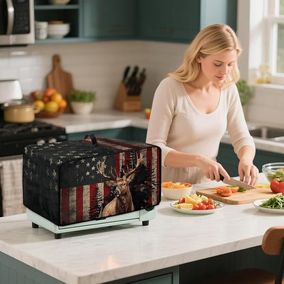 Vintage Deer Elk Print Microwave Oven Cover Waterproof Dust Cover for Microwave Oven American Flag Forest Print Universal Small Appliance Dust Covers Dirt and Fingerprint Protection, S