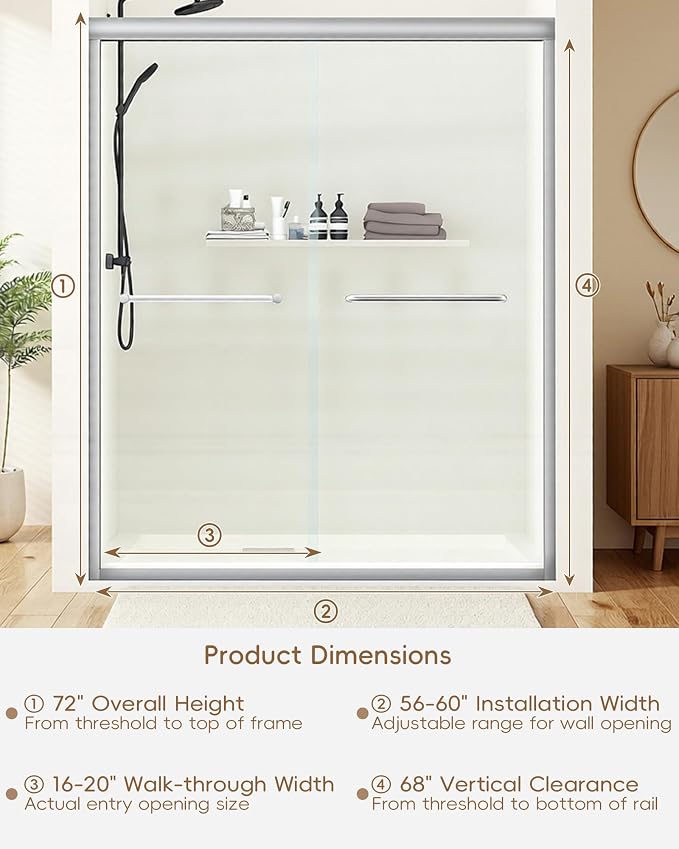 Shower Door 56-60'' W x 72'' H Semi-Frameless & Double Sliding, 1/4 inch - Image 8