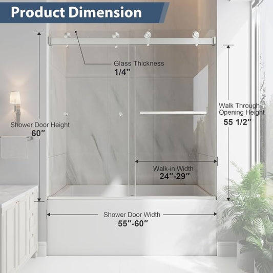 Frameless Bathtub Shower Door, 55-60" W x 60" H Double Sliding Tub Shower Door - Image 2