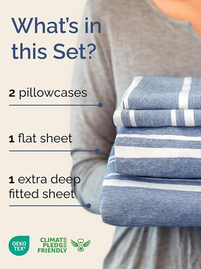 Extra Deep Pocket Cal King Sheets - 4 Piece Breathable & Cooling Bed Sheets - Hotel Luxury Bed Sheet Set - Soft, Wrinkle Free & Comfy - Easily Fits Extra Deep Mattresses - Blue Striped Sheets Set
