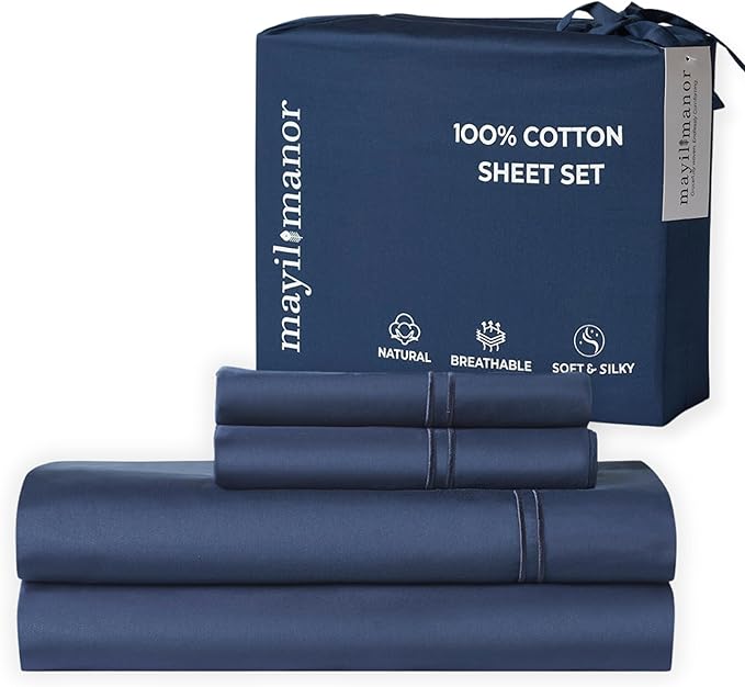 100% Natural Cotton Bed Sheets | 500 TC Single-Ply Sateen Weave Full Size Sheets | Breathable & Hypoallergenic Solid 4-Piece Bedding with Deep Pocket Fitted, Flat, Pillowcase | Navy Blue