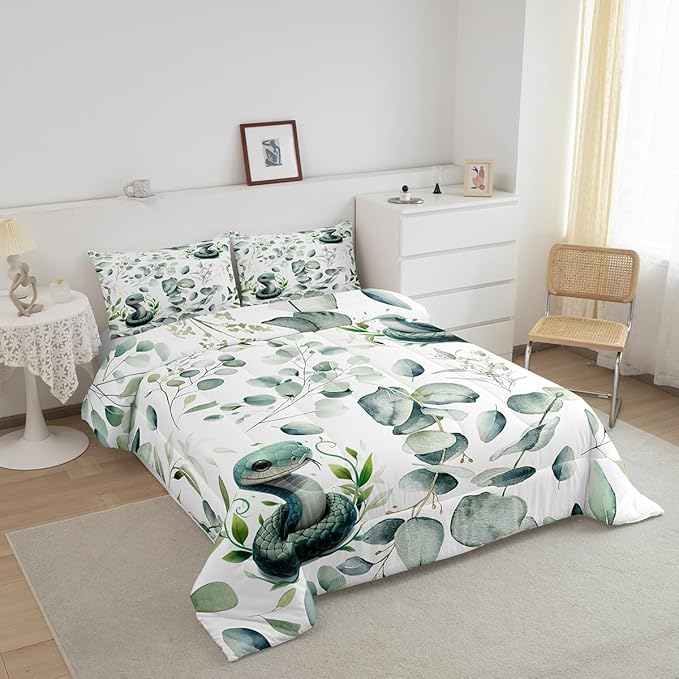 Erosebridal Cute Snake Full Size Comforter Set for Kids Child Green Eucalyptus Bedding Set, Wild Animal Down Comforter Botanical Plant Leaves Bed Set, Cartoon Wildlife Quilted Duvet