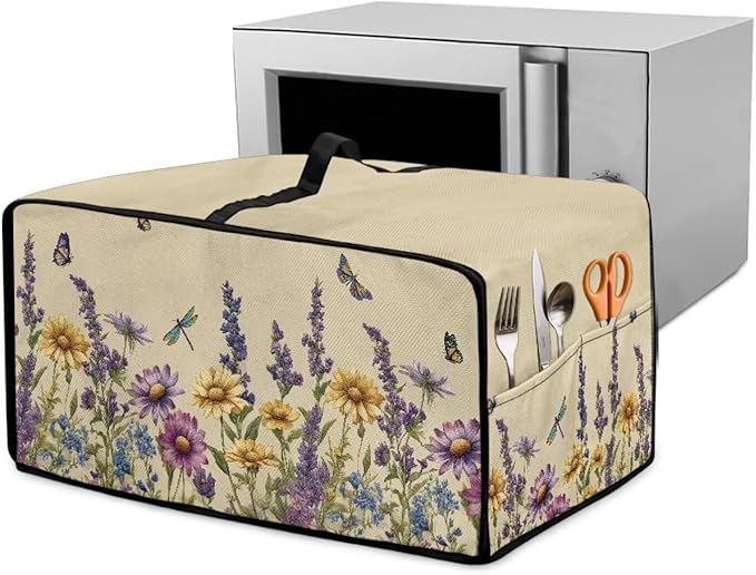 Convection Toaster Oven Cover with Side Pockets, Dust-Proof Smart Microwave Oven Protector for Countertop Decorations, S, Floral Butterfly Dragonfly