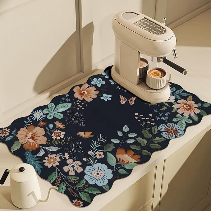 Scalloped Bohemian Coffee Bar Mat Dish Drying Mats by CQKEDMA