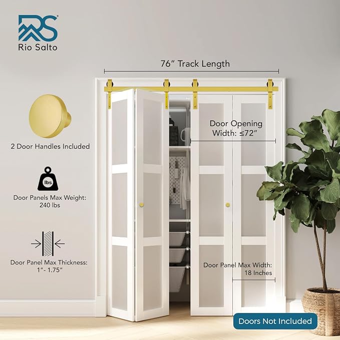 Rio Salto Gold Bifold Sliding Barn Door Hardware Kit Heavy Duty Metal Track - Image 2