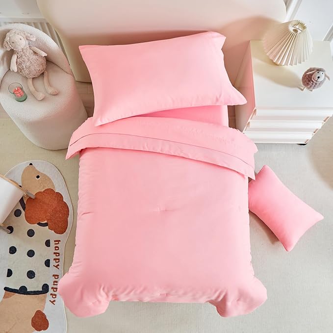 Toddler Bedding Set - 5 Piece Soft and Breathable Toddler Bed Set for Boys and Girls, Includes Quilted Comforter, Fitted Sheet, Flat Top Sheet, Standard Pillowcase and Toddler Pillowcase, Pink