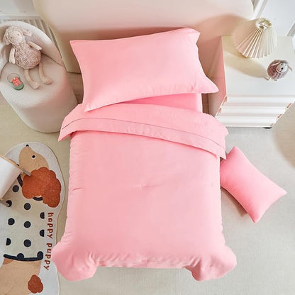 Toddler Bedding Set - 5 Piece Soft and Breathable Toddler Bed Set for Boys and Girls, Includes Quilted Comforter, Fitted Sheet, Flat Top Sheet, Standard Pillowcase and Toddler Pillowcase, Pink