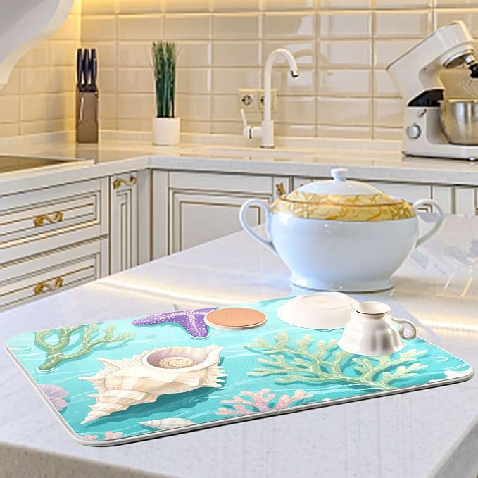 Coral Sea Shells Stars Pattern Dish Drying Mat - Image 6