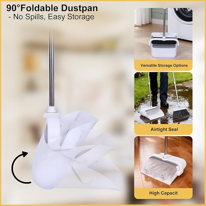 Heavy Duty Broom and Standing Dustpan Combo Set, Rotatable Head Dust Pan and - Image 5