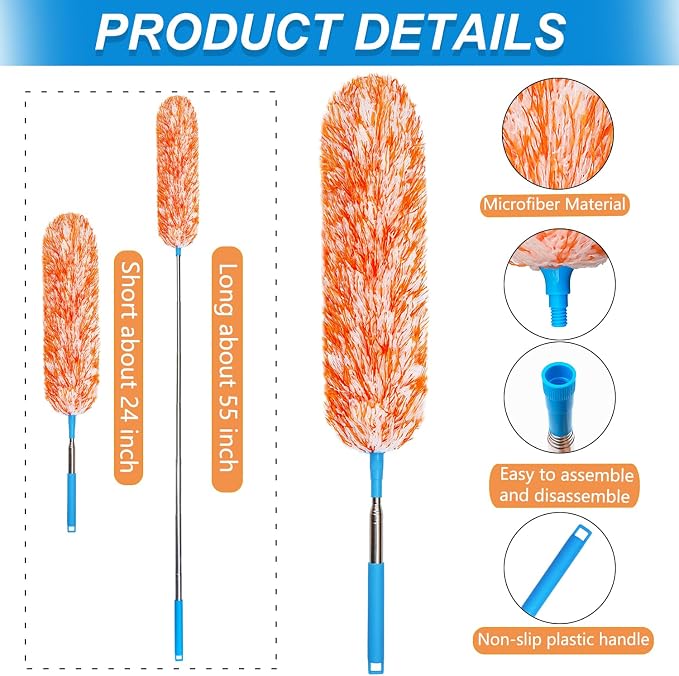 4 Pack Microfiber Feather Dusters, Cobweb Cleaner, Electrostatic Bendable Head - Image 2
