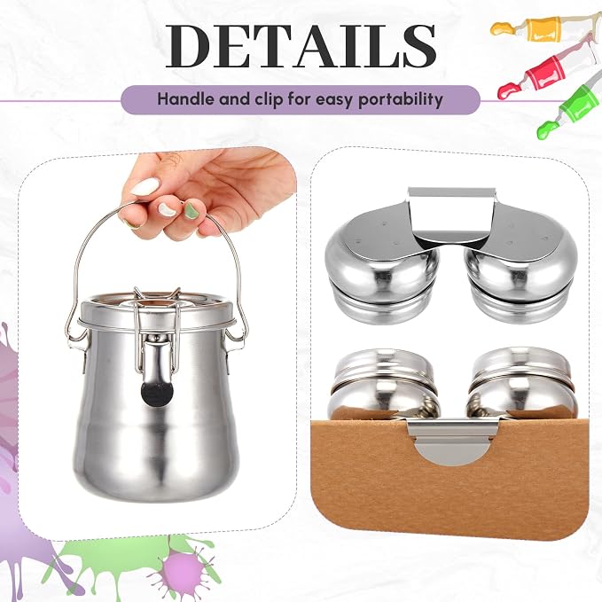2 Pcs Paint Brush Cleaner Set Stainless Steel Double Dipper Palette Cup Paint - Image 3