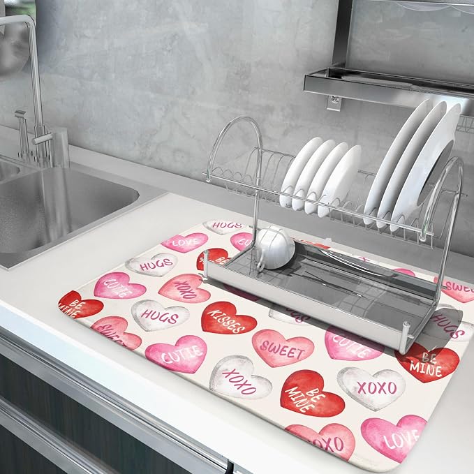 Valentines Dish Drying Mat for Kitchen Counter 18x24 Red Pink Love Heart - Image 5