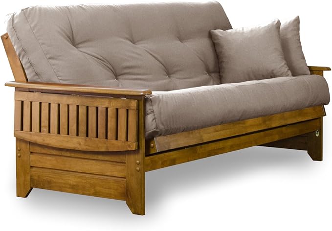 Nirvana Futons Brentwood Tray Arm Futon Sofabed Set - Queen Frame, 8" Microfiber Khaki Mattress, Heritage Finish