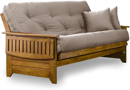 Nirvana Futons Brentwood Tray Arm Futon Sofabed Set - Queen Frame, 8" Microfiber Khaki Mattress, Heritage Finish
