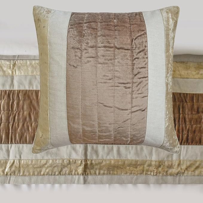 The HomeCentric King/Queen/Twin Beige Designer King 90"x18" Bed Runner with Two Pillow Cover, Velvet & Patchwork Bed Scarf on Velvet Fabric - Luxe Velvet Lines