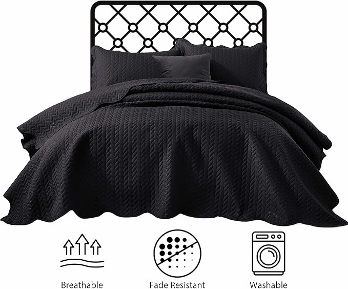 IR Imperial Rooms King Quilt Bedding Set Size (106" x 96") + 2 Pillow Shams (20" x 36"+ 2") - 3 Pcs All Season Lightweight Reversible Microfiber Coverlet Embossed Quilt Bedspread (Black)