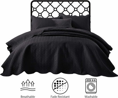 IR Imperial Rooms King Quilt Bedding Set Size (106" x 96") + 2 Pillow Shams (20" x 36"+ 2") - 3 Pcs All Season Lightweight Reversible Microfiber Coverlet Embossed Quilt Bedspread (Black)