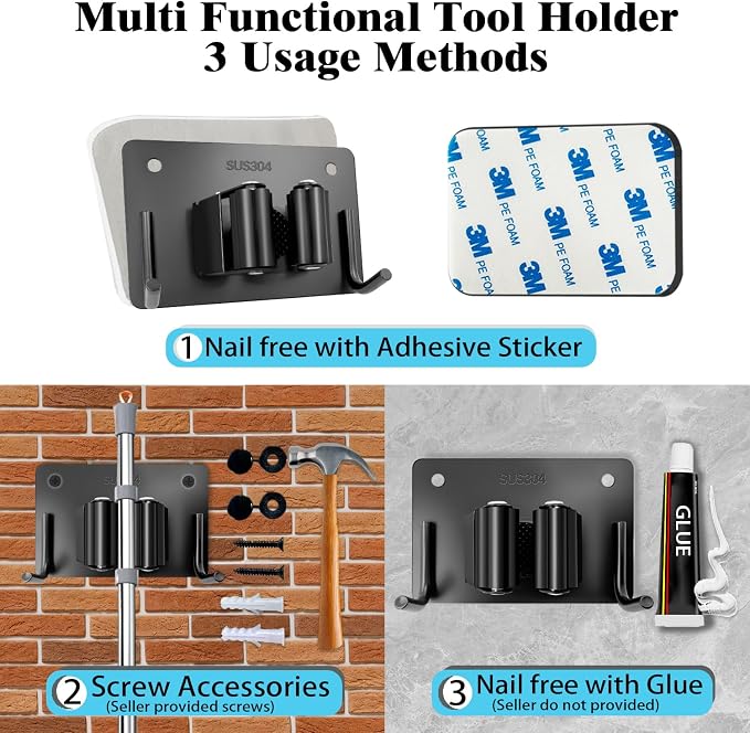 Mop and Broom Holder Wall Mount Stainless Steel 304 Tool Garage Organization - Image 4