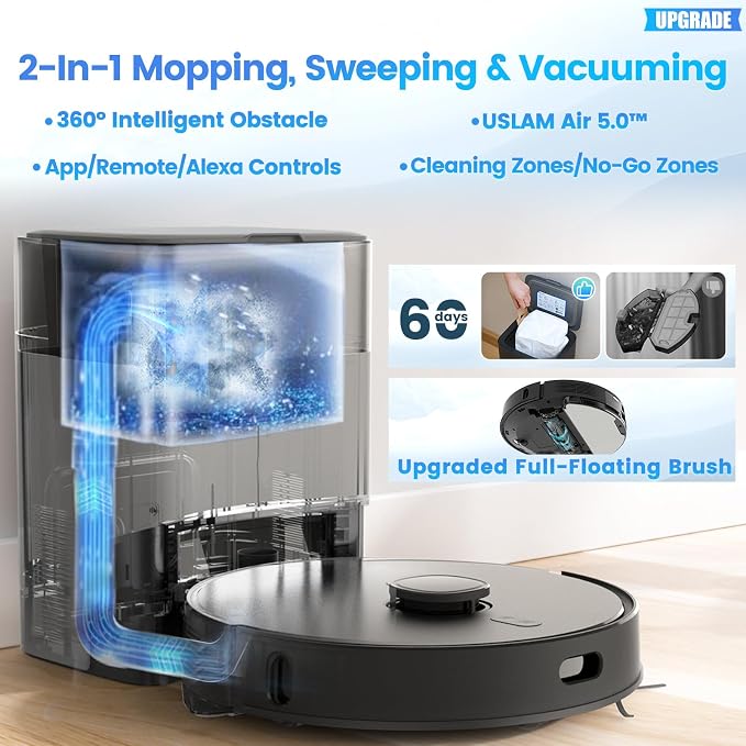 Robot Vacuum and Mop Combo, Self-Emptying, 60-Day Capacity, 180mins Runtime - Image 2