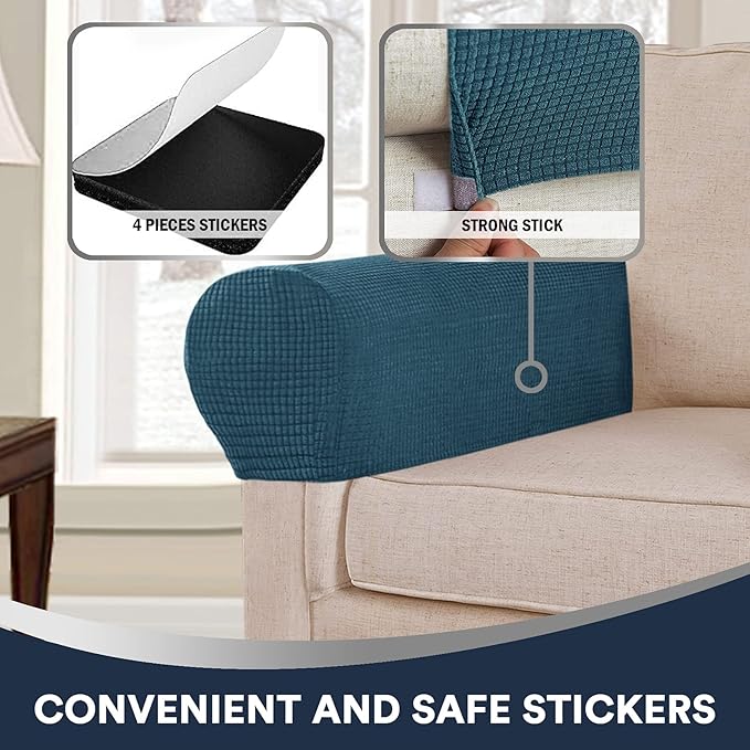 Stretch Sofa Arm Covers Spandex Jacquard Anti-Slip Couch Arm Covers with Sticker Furniture Armrest Protector for Sofa Couch Chair Recliner, Set of 2, Deep Teal