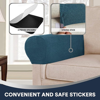 Stretch Sofa Arm Covers Spandex Jacquard Anti-Slip Couch Arm Covers with Sticker Furniture Armrest Protector for Sofa Couch Chair Recliner, Set of 2, Deep Teal