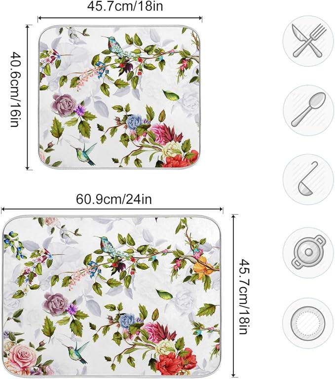 Tarity Rose Peony Poppy Hummingbirds Dish Drying Mat - Image 3