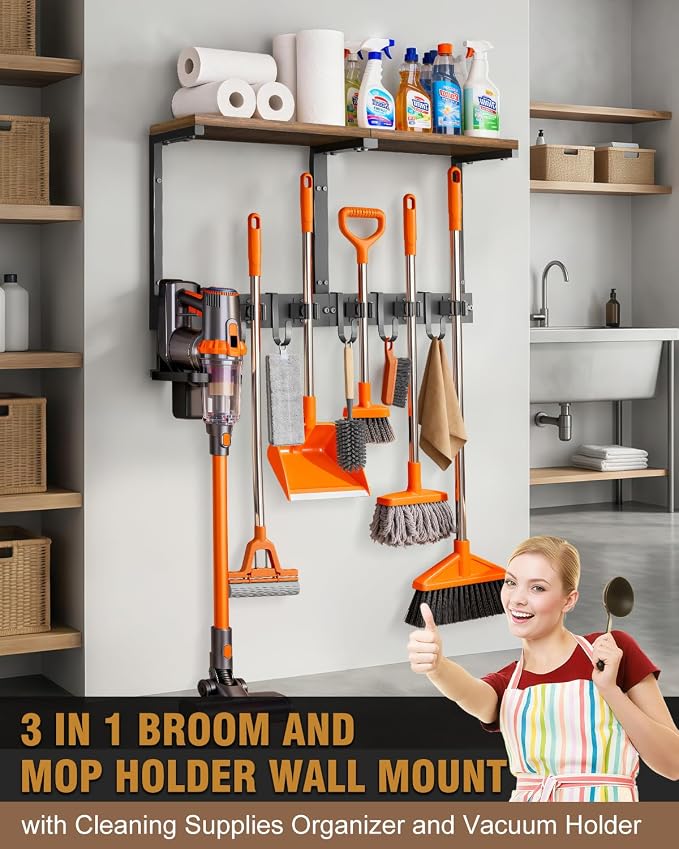 Broom Holder Wall Mount with Top Wooden Shelf, Heavy Duty Metal Cleaning - Image 4