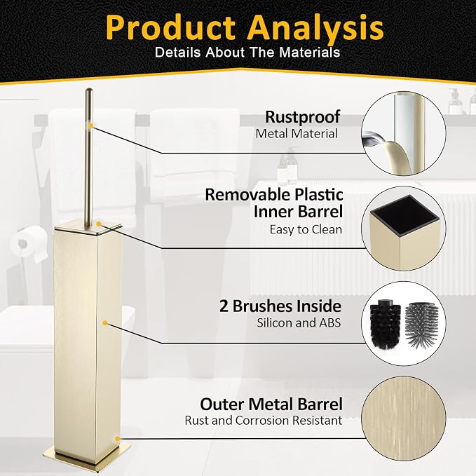 Toilet Brush and Holder Floor Standing, Brushed Gold - Image 4