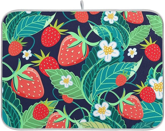 Tarity Green Leaves Red Strawberries Dish Drying Mat by Unknown