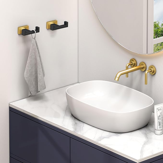 Angle Simple Towel Hook Black & Gold 2 PCS, Stainless Steel Double Hook - Image 2