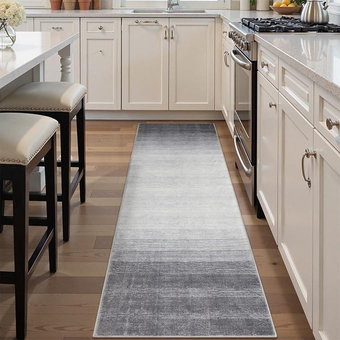 Wonnitar Modern Ombre 2x6 Hallway Runner Rug, Washable Grey Kitchen Rug Runner, Non-Slip Abstract Contemporary Laundry Room Carpet Runner Soft Low Pile Mat for Entryway Bathroom (Grey, 2'x6')