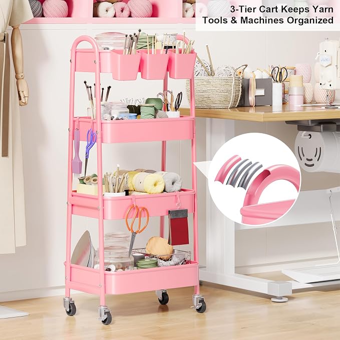 4 Tier Rolling Cart Metal with Lockable Wheels, Four Tiered Pink Trolley Cart - Image 4