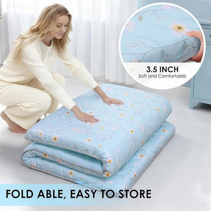 Japanese Floor Mattress, 3.5" Thicken Floral Pattern Portable Futon Mattress, 100% High-Density Foam Tatami Mat Sleeping Pad for Camping Guest Room Dormitory RV, Light Blue, Twin