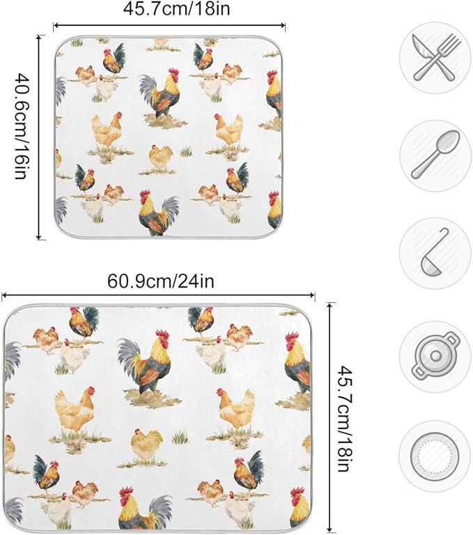 Tarity Watercolor Chickens And Rooster Dish Drying Mat - Image 3