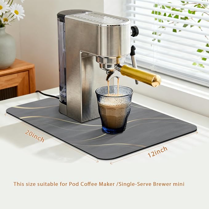 Coffee Bar Mat 20x12 Inch, Light Gray Streamline, Absorbent Hide Stain Rubber - Image 2