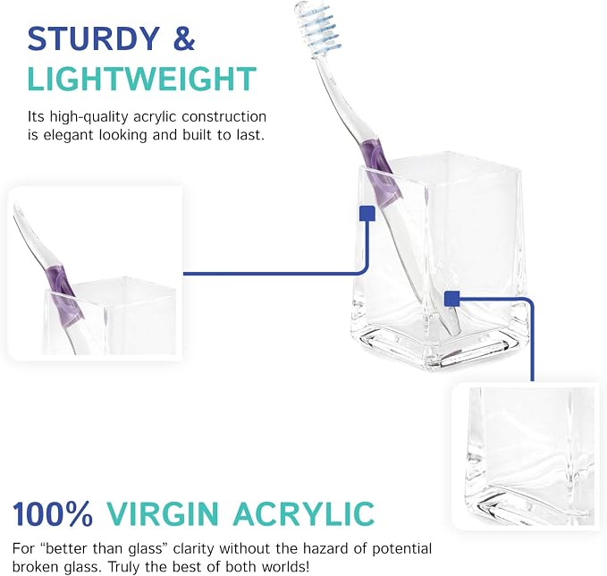 Huang Acrylic Clear Square Tapered Bathroom Toothbrush Holder/Tumbler | Easy to - Image 5