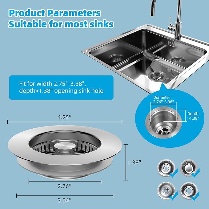 Hibbent All Metal Stainless Steel 3 in 1 Kitchen Sink Drain Strainer, Upgraded - Image 7