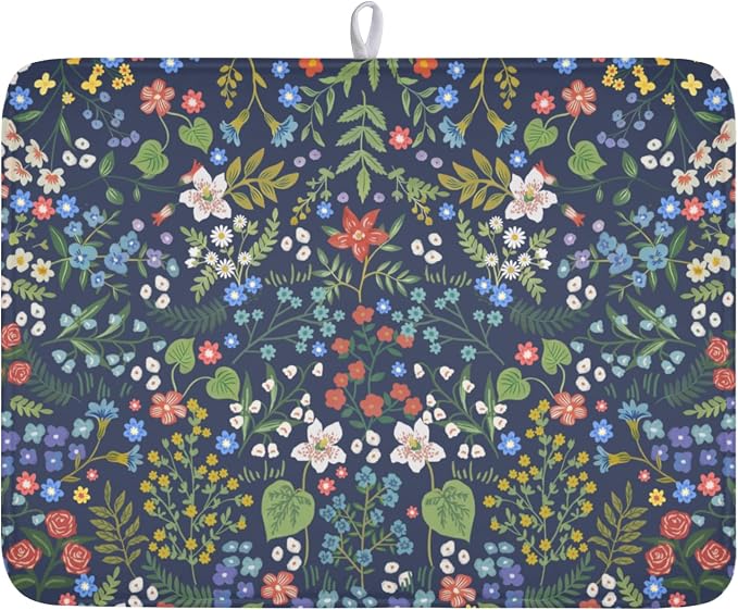 Flower Floral Dish Drying Mat 18x24 inch Microfiber Navy Blue Drying Mats by Giwawa