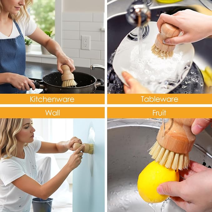 10 Pcs Bamboo Dish Scrub Brush Set, Mini Natural Wooden Scrubbers Set Round - Image 6
