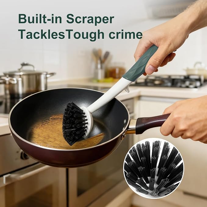 Dish Brush, 2 Pack with Comfortable Handle, with Built-in Scraper, Scrub Brush - Image 5